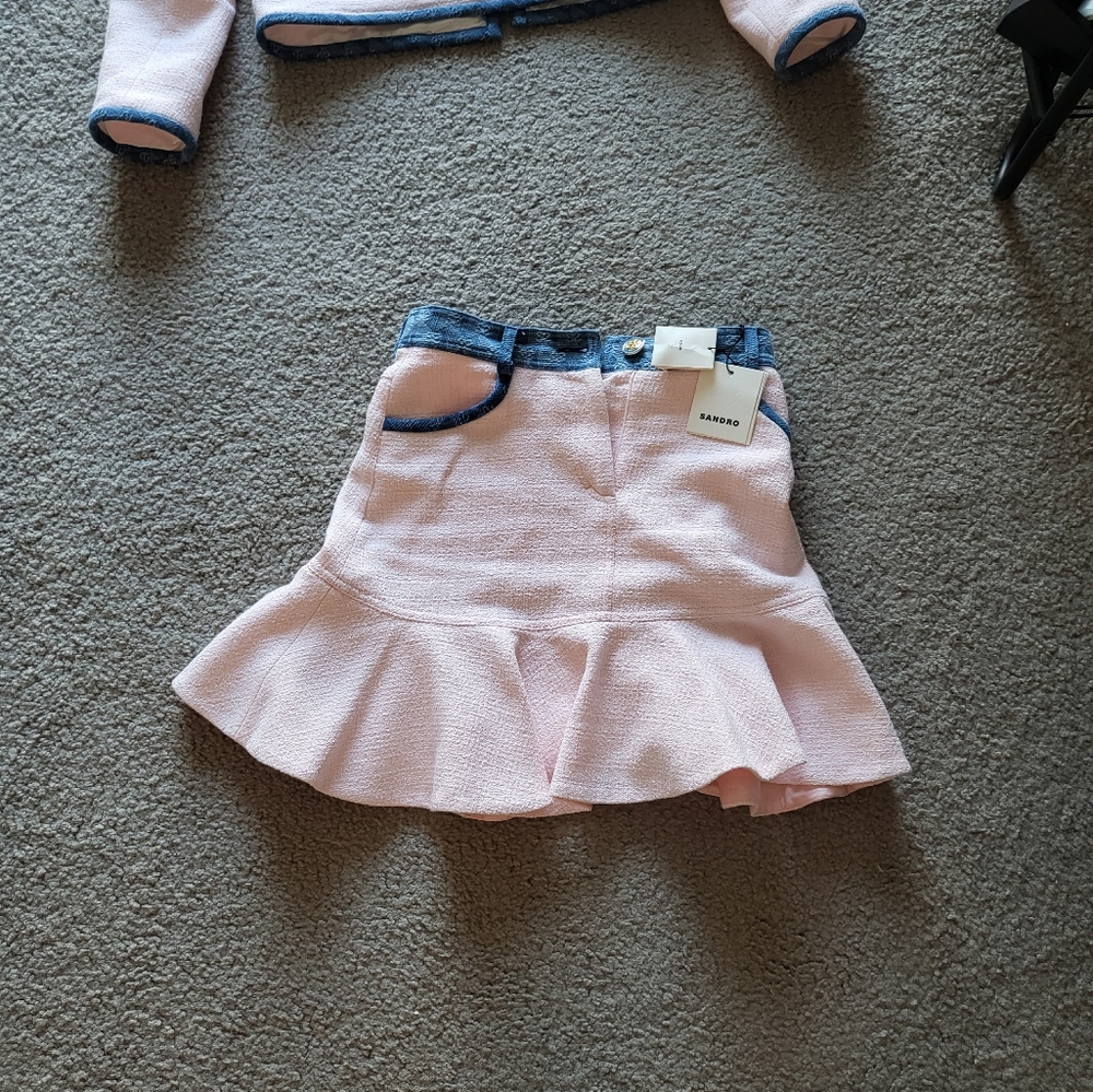 NWT Sandro Short mixed-material olene Contrast Pink Trim Mini Skirt Size 0 - Picture 5 of 6